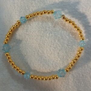 NWT Handcrafted Elegant 8.5" Gold and Auqamarine Blue (March), Beaded Bracelet